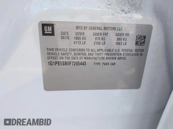 ✅ 2015 Chevrolet Cruze LT • VIN: 1G1PE5SB9F7295443 • Lot: 43631258. Listed on IAAI with 122,752 mi. Free auction sales archive from the USA and detailed vehicle history report at DreamBid. Image 9.