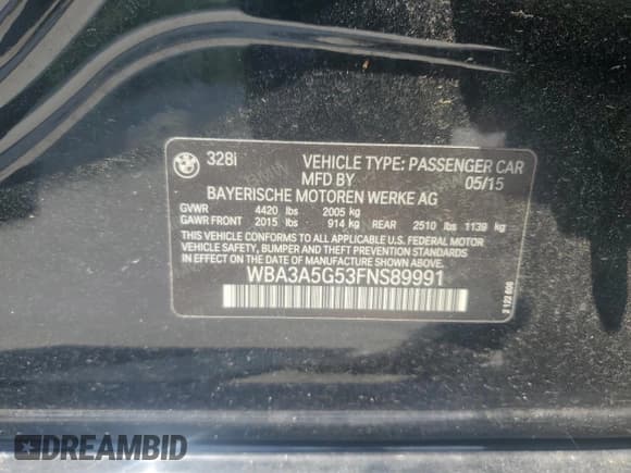 ✅ 2015 BMW 3 Series 328i • VIN: WBA3A5G53FNS89991 • Lot: 66169255. Listed on Copart with 71,909 mi. Free auction sales archive from the USA and detailed vehicle history report at DreamBid. Image 13.