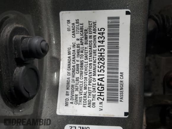 ✅ 2008 Honda Civic LX • VIN: 2HGFA15528H514345 • Lot: 87464415. Wystawiony na Copart z przebiegiem 140 248 mil. Bezpłatny archiwum sprzedaży aukcyjnych z USA i szczegółowy raport historii pojazdu na DreamBid. Zdjęcie 12.