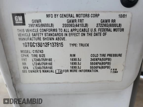 ✅ 2002 GMC Sierra 1500HD SLE • VIN: 1GTGC13U12F137815 • Lot: 60113925. Wystawiony na Copart z przebiegiem Nie podano. Bezpłatny archiwum sprzedaży aukcyjnych z USA i szczegółowy raport historii pojazdu na DreamBid. Zdjęcie 12.