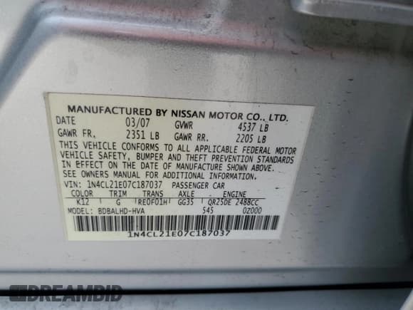 ✅ 2007 Nissan Altima Hybrid • VIN: 1N4CL21E07C187037 • Лот: 64075315. Опубликован ранее на Copart с пробегом 287 958 миль. Бесплатный доступ к архиву аукционных продаж из США и подробный отчёт об истории автомобиля на DreamBid. Изображение 12.