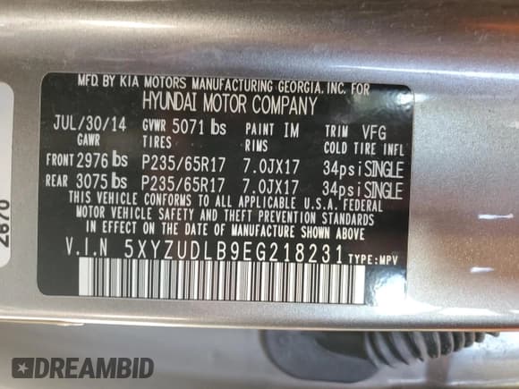✅ 2014 Hyundai Santa Fe • VIN: 5XYZUDLB9EG218231 • Лот: 84790365. Опубликован ранее на Copart с пробегом 138 135 миль. Бесплатный доступ к архиву аукционных продаж из США и подробный отчёт об истории автомобиля на DreamBid. Изображение 13.