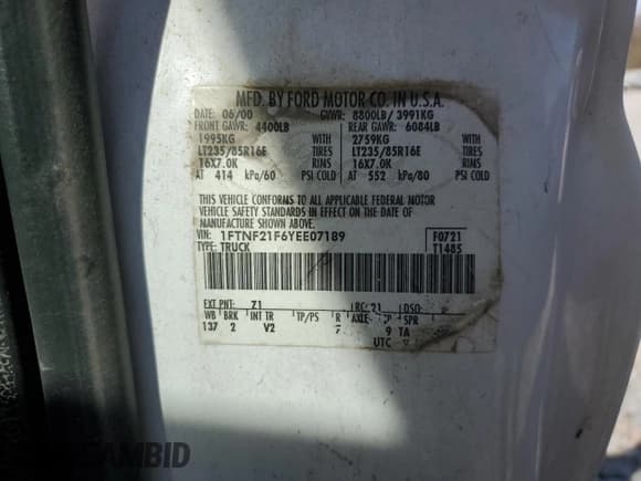 ✅ 2000 Ford F-250 XL • VIN: 1FTNF21F6YEE07189 • Lot: 88033105. Listed on Copart with 255,739 mi. Free auction sales archive from the USA and detailed vehicle history report at DreamBid. Image 13.