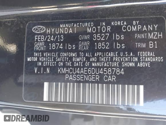 2013 Hyundai Accent GLS with VIN KMHCU4AE6DU458784, listed as a IAAI auction lot 43589038 with 110,190 mi miles and . Bid and sale history available at DreamBid. Image 9.