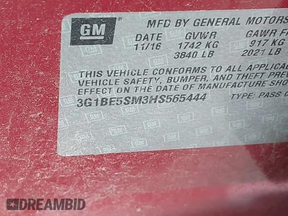 ✅ 2017 Chevrolet Cruze LT • VIN: 3G1BE5SM3HS565444 • Lot: 43232898. Listed on IAAI with 37,543 mi. Free auction sales archive from the USA and detailed vehicle history report at DreamBid. Image 9.