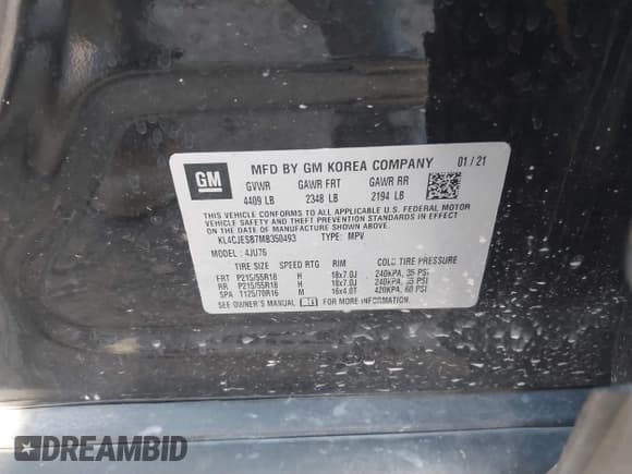 ✅ 2021 Buick Encore Preferred • VIN: KL4CJESB7MB350493 • Lot: 43363057. Listed on IAAI with 55,723 mi. Free auction sales archive from the USA and detailed vehicle history report at DreamBid. Image 9.