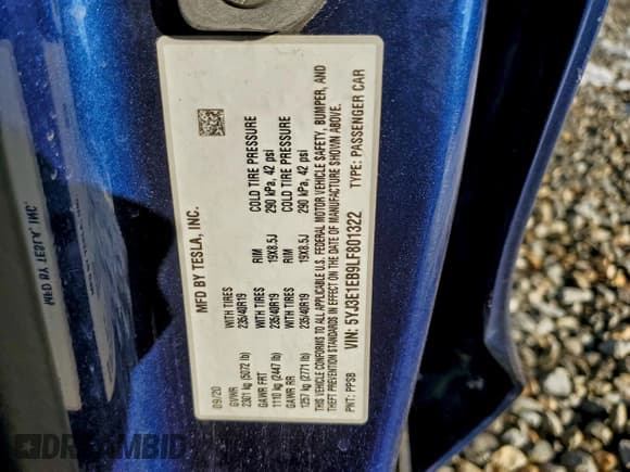 ✅ 2020 Tesla Model 3 Long Range • VIN: 5YJ3E1EB9LF801322 • Lot: 95181135. Listed on Copart with 73,207 mi. Free auction sales archive from the USA and detailed vehicle history report at DreamBid. Image 13.