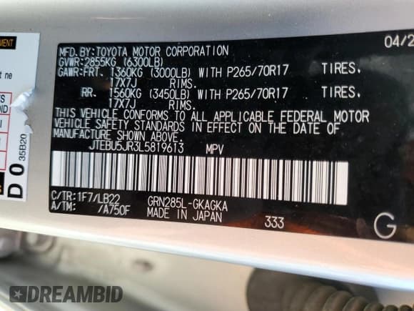 ✅ 2020 Toyota 4Runner SR5 Premium • VIN: JTEBU5JR3L5819613 • Лот: 84269065. Опубликован ранее на Copart с пробегом 61 324 миль. Бесплатный доступ к архиву аукционных продаж из США и подробный отчёт об истории автомобиля на DreamBid. Изображение 13.