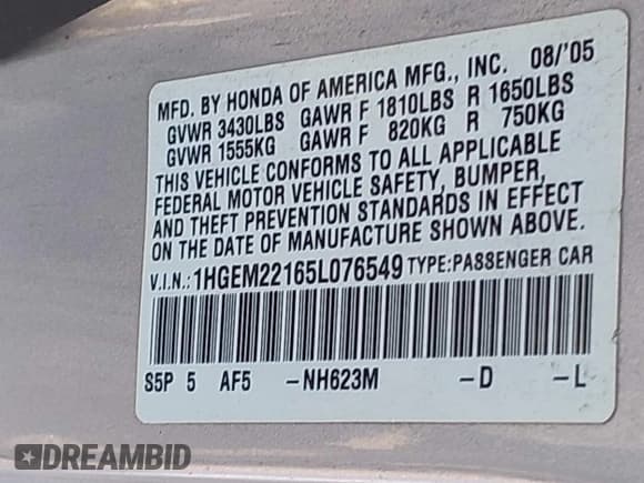 ✅ 2005 Honda Civic VP • VIN: 1HGEM22165L076549 • Лот: 42123119. Опубликован ранее на IAAI с пробегом 146 034 миль. Бесплатный доступ к архиву аукционных продаж из США и подробный отчёт об истории автомобиля на DreamBid. Изображение 9.