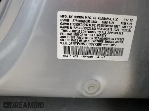 ✅ 2012 Honda Pilot EX-L • VIN: 5FNYF4H53CB027398 • Lot: 51270544. Wystawiony na Copart z przebiegiem 265 680 mil. Bezpłatny archiwum sprzedaży aukcyjnych z USA i szczegółowy raport historii pojazdu na DreamBid. Zdjęcie 13.