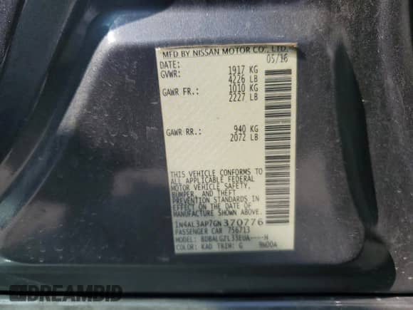 2016 Nissan Altima S с VIN 1N4AL3AP7GN370776, выставлен на аукционе Copart как лот 87475195 с пробегом 166 291 миль миль и Списание • Salvage title. История ставок и продаж доступна на DreamBid. Изображение 13.