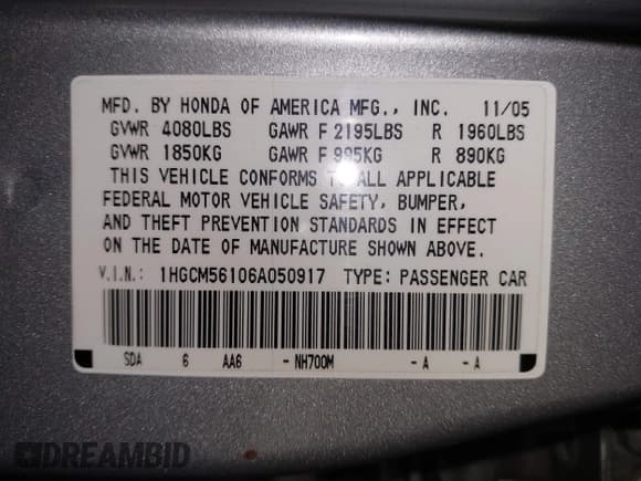✅ 2006 Honda Accord VP • VIN: 1HGCM56106A050917 • Lot: 43287915. Listed on IAAI with 124,268 mi. Free auction sales archive from the USA and detailed vehicle history report at DreamBid. Image 9.