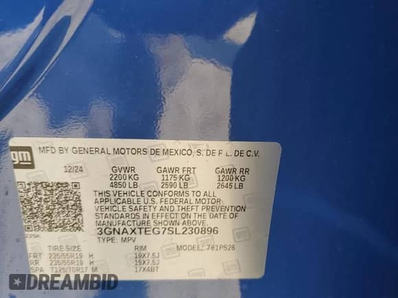 2025 Chevrolet Equinox AWD RS с VIN 3GNAXTEG7SL230896, выставлен на аукционе Copart как лот 59783805 с пробегом 4 739 миль миль и Списание • Salvage title. История ставок и продаж доступна на DreamBid. Изображение 13.