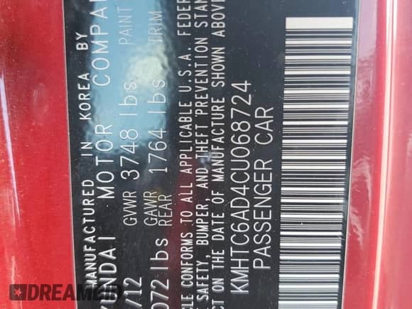 2012 Hyundai Veloster w/Gray Int с VIN KMHTC6AD4CU068724, выставлен на аукционе Copart как лот 84521035 с пробегом 85 126 миль миль и Списание • Salvage title. История ставок и продаж доступна на DreamBid. Изображение 12.