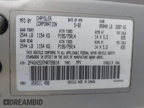 ✅ 1992 Plymouth Voyager • VIN: 2P4GH2537NR728610 • Lot: 42882486. Listed on IAAI with 164,488 mi. Free auction sales archive from the USA and detailed vehicle history report at DreamBid. Image 9.