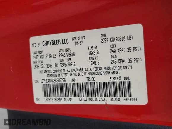 2008 Dodge Dakota SLT z VIN 1D7HE48NX8S505786, wystawiony jako Copart lot #86113494 z przebiegiem 128 937 mil mil oraz Szkoda całkowita • Salvage title. Historia ofert i sprzedaży dostępna na DreamBid. Obrazek 12.