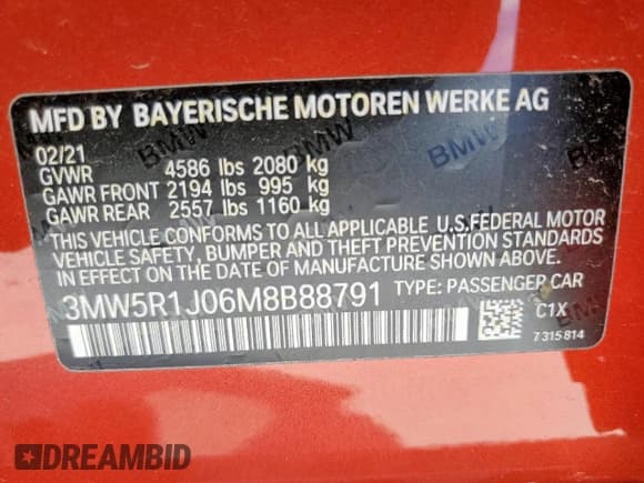 ✅ 2021 BMW 3 Series 330i • VIN: 3MW5R1J06M8B88791 • Lot: 62123795. Listed on Copart with 44,157 mi. Free auction sales archive from the USA and detailed vehicle history report at DreamBid. Image 13.