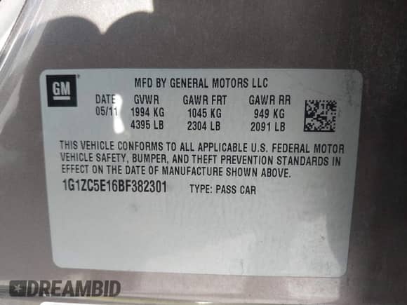 2011 Chevrolet Malibu 1LT z VIN 1G1ZC5E16BF382301, wystawiony jako IAAI lot #43587315 z przebiegiem 199 114 mil mil oraz . Historia ofert i sprzedaży dostępna na DreamBid. Obrazek 9.