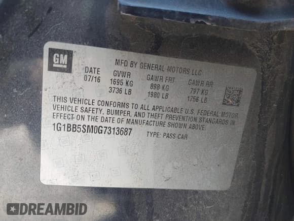 ✅ 2016 Chevrolet Cruze LS • VIN: 1G1BB5SM0G7313687 • Lot: 41779448. Listed on IAAI with 131,127 mi. Free auction sales archive from the USA and detailed vehicle history report at DreamBid. Image 9.