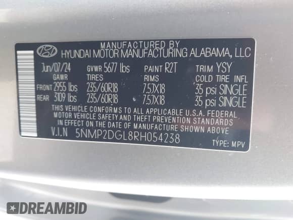 2024 Hyundai Santa Fe SEL с VIN 5NMP2DGL8RH054238, выставлен на аукционе IAAI как лот 41333486 с пробегом 1 466 миль миль и . История ставок и продаж доступна на DreamBid. Изображение 9.