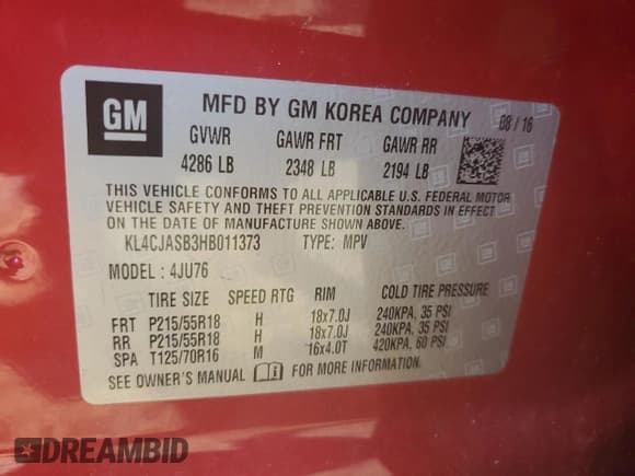 ✅ 2017 Buick Encore Preferred • VIN: KL4CJASB3HB011373 • Лот: 50978725. Опубликован ранее на Copart с пробегом 59 051 миль. Бесплатный доступ к архиву аукционных продаж из США и подробный отчёт об истории автомобиля на DreamBid. Изображение 13.