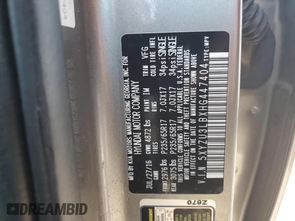 ✅ 2017 Hyundai Santa Fe 2.4L • VIN: 5XYZU3LBXHG447404 • Lot: 86790575. Listed on Copart with 83,101 mi. Free auction sales archive from the USA and detailed vehicle history report at DreamBid. Image 14.