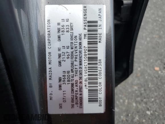 ✅ 2012 Mazda 3 i Touring • VIN: JM1BL1VGXC1508907 • Lot: 64086855. Listed on Copart with 74,176 mi. Free auction sales archive from the USA and detailed vehicle history report at DreamBid. Image 12.