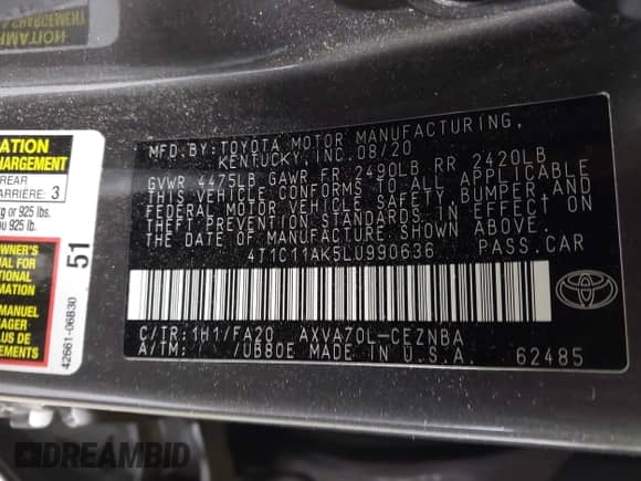 2020 Toyota Camry LE с VIN 4T1C11AK5LU990636, выставлен на аукционе IAAI как лот 43149281 с пробегом 118 691 миль миль и . История ставок и продаж доступна на DreamBid. Изображение 9.