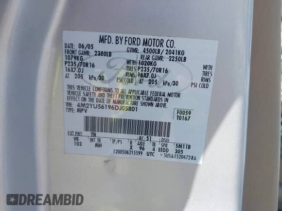 2006 Mercury Mariner Luxury z VIN 4M2YU56196DJ05801, wystawiony jako IAAI lot #42528336 z przebiegiem 162 851 mil mil oraz . Historia ofert i sprzedaży dostępna na DreamBid. Obrazek 9.