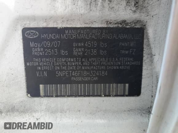 2008 Hyundai Sonata GLS z VIN 5NPET46F18H324184, wystawiony jako Copart lot #81470235 z przebiegiem 190 468 mil mil oraz Szkoda całkowita • Salvage title. Historia ofert i sprzedaży dostępna na DreamBid. Obrazek 13.