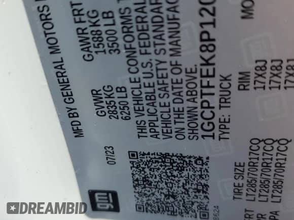 2023 Chevrolet Colorado 4WD ZR2 with VIN 1GCPTFEK8P1207971, listed as a Copart auction lot 53113144 with 5,735 mi miles and Salvage title. Bid and sale history available at DreamBid. Image 12.