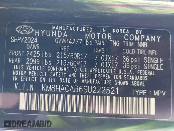 2025 Hyundai Kona SE with VIN KM8HACAB6SU222521, listed as a IAAI auction lot 41354659 with 1,886 mi miles and . Bid and sale history available at DreamBid. Image 9.