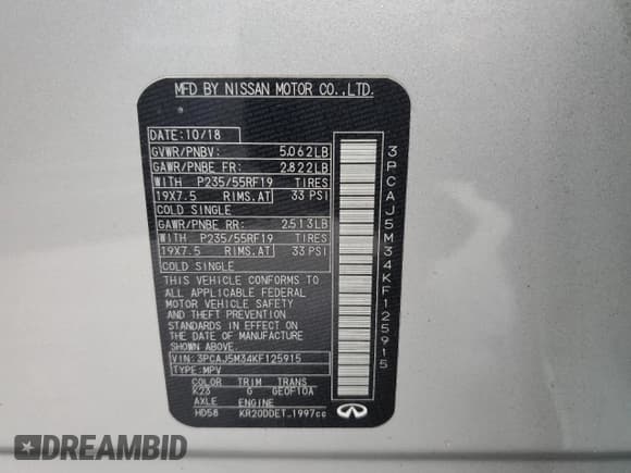 ✅ 2019 Infiniti QX50 Essential • VIN: 3PCAJ5M34KF125915 • Lot: 82610845. Wystawiony na Copart z przebiegiem 79 577 mil. Bezpłatny archiwum sprzedaży aukcyjnych z USA i szczegółowy raport historii pojazdu na DreamBid. Zdjęcie 14.