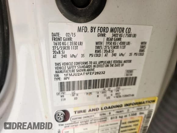 ✅ 2015 Ford Expedition Limited • VIN: 1FMJU2AT1FEF28232 • Lot: 84970825. Wystawiony na Copart z przebiegiem 217 743 mil. Bezpłatny archiwum sprzedaży aukcyjnych z USA i szczegółowy raport historii pojazdu na DreamBid. Zdjęcie 14.