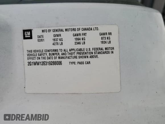 ✅ 2001 Chevrolet Monte Carlo LS • VIN: 2G1WW12E319288006 • Lot: 89816335. Listed on Copart with Not provided. Free auction sales archive from the USA and detailed vehicle history report at DreamBid. Image 12.