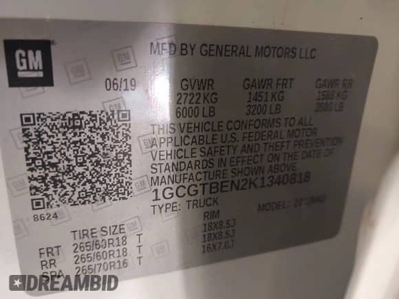 2019 Chevrolet Colorado 4WD Work Truck с VIN 1GCGTBEN2K1340818, выставлен на аукционе IAAI как лот 42893809 с пробегом 76 535 миль миль и . История ставок и продаж доступна на DreamBid. Изображение 9.