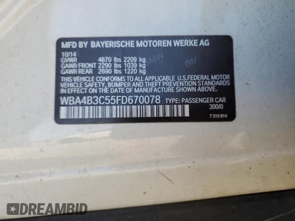 ✅ 2015 BMW 4 Series 435i xDrive • VIN: WBA4B3C55FD670078 • Lot: 73783204. Listed on Copart with 184,246 mi. Free auction sales archive from the USA and detailed vehicle history report at DreamBid. Image 15.