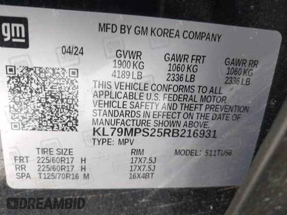 2024 Chevrolet TrailBlazer LT с VIN KL79MPS25RB216931, выставлен на аукционе IAAI как лот 43365289 с пробегом 27 060 миль миль и . История ставок и продаж доступна на DreamBid. Изображение 9.