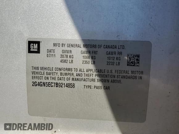 ✅ 2011 Buick Regal CXL RL1 • VIN: 2G4GN5EC7B9214858 • Lot: 89533035. Listed on Copart with 192,061 mi. Free auction sales archive from the USA and detailed vehicle history report at DreamBid. Image 12.