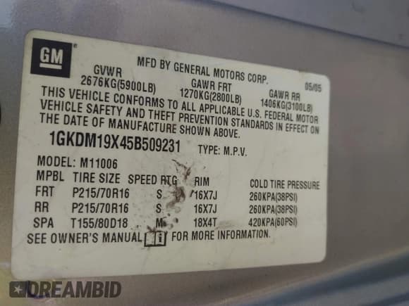 ✅ 2005 GMC Safari • VIN: 1GKDM19X45B509231 • Лот: 41612225. Опубликован ранее на IAAI с пробегом 156 318 миль. Бесплатный доступ к архиву аукционных продаж из США и подробный отчёт об истории автомобиля на DreamBid. Изображение 9.