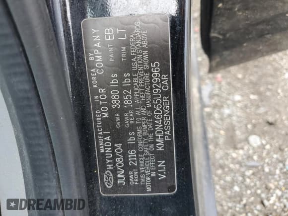 ✅ 2005 Hyundai Elantra GLS • VIN: KMHDN46D65U929965 • Lot: 57859095. Wystawiony na Copart z przebiegiem 180 015 mil. Bezpłatny archiwum sprzedaży aukcyjnych z USA i szczegółowy raport historii pojazdu na DreamBid. Zdjęcie 12.