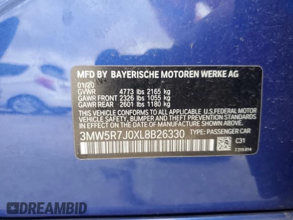 ✅ 2020 BMW 3 Series 330i xDrive • VIN: 3MW5R7J0XL8B26330 • Lot: 93538665. Listed on Copart with 83,696 mi. Free auction sales archive from the USA and detailed vehicle history report at DreamBid. Image 12.