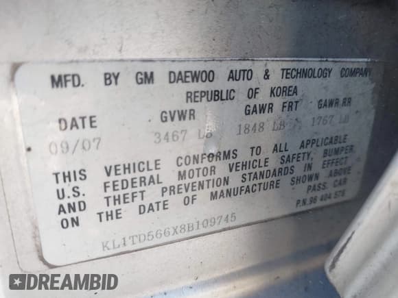 ✅ 2008 Chevrolet Aveo LS • VIN: KL1TD566X8B109745 • Lot: 43622092. Listed on IAAI with 198,028 mi. Free auction sales archive from the USA and detailed vehicle history report at DreamBid. Image 9.