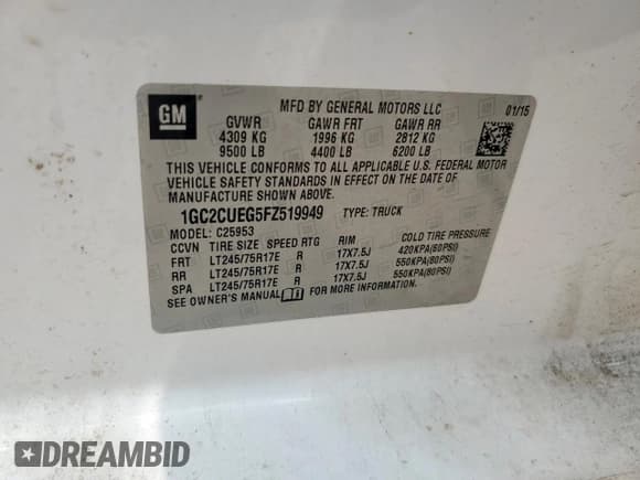 ✅ 2015 Chevrolet Silverado 2500HD Work Truck • VIN: 1GC2CUEG5FZ519949 • Lot: 64385515. Listed on Copart with 46,282 mi. Free auction sales archive from the USA and detailed vehicle history report at DreamBid. Image 12.