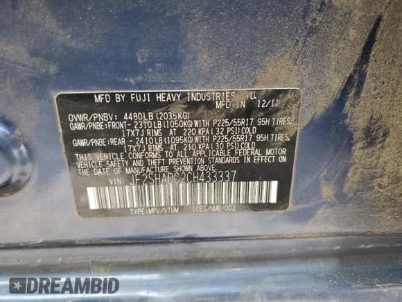 ✅ 2012 Subaru Forester X Premium • VIN: JF2SHADC2CH433337 • Lot: 84647075. Listed on Copart with 169,510 mi. Free auction sales archive from the USA and detailed vehicle history report at DreamBid. Image 12.