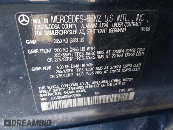 ✅ 2000 Mercedes-Benz M 320/430/500 • VIN: 4JGAB54E5YA172706 • Lot: 41652197. Listed on IAAI with 221,907 mi. Free auction sales archive from the USA and detailed vehicle history report at DreamBid. Image 9.