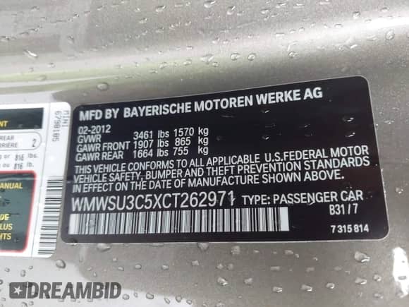 2012 MINI Hardtop with VIN WMWSU3C5XCT262971, listed as a IAAI auction lot 43359213 with 42,086 mi miles and . Bid and sale history available at DreamBid. Image 9.