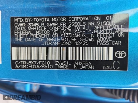 ✅ 2021 Toyota Prius LE • VIN: JTDKAMFU2M3142426 • Lot: 89877445. Listed on Copart with 98,519 mi. Free auction sales archive from the USA and detailed vehicle history report at DreamBid. Image 12.