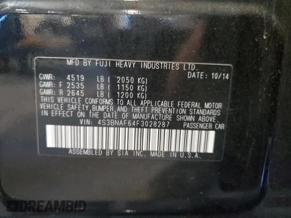 ✅ 2015 Subaru Legacy Premium • VIN: 4S3BNAF64F3028287 • Lot: 89934695. Listed on Copart with 120,406 mi. Free auction sales archive from the USA and detailed vehicle history report at DreamBid. Image 12.