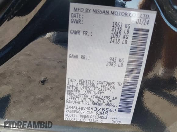 ✅ 2024 Nissan Altima S • VIN: 1N4BL4BV4RN376562 • Лот: 43341348. Опубликован ранее на IAAI с пробегом 13 730 миль. Бесплатный доступ к архиву аукционных продаж из США и подробный отчёт об истории автомобиля на DreamBid. Изображение 9.